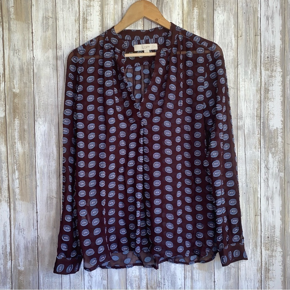 Loft Maroon Sheer Raised Print Button Down - Picture 2 of 7